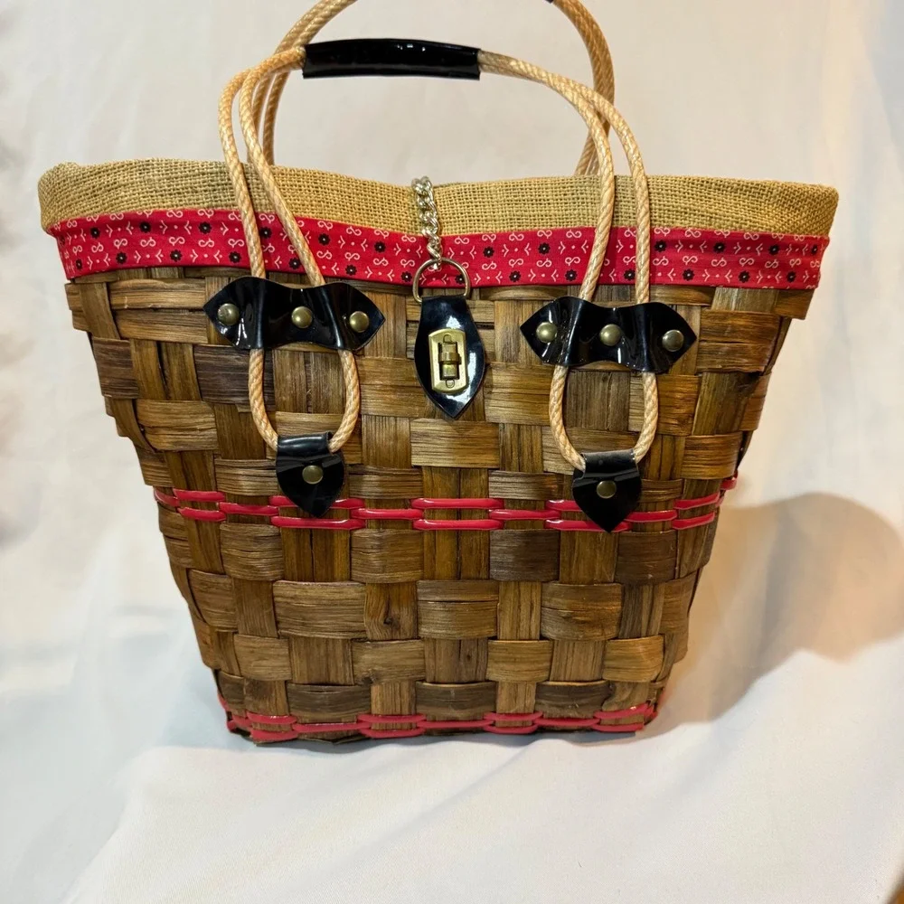 Handwoven Wicker / Basket Tote with Rope Handles & Turn-Lock Closure